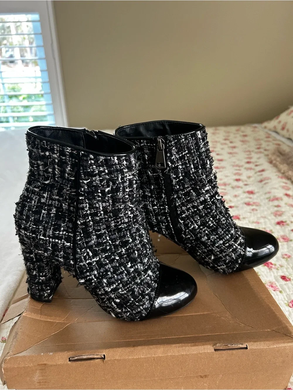 Wildfang Black and White Tweed Ankle Booties with Patent Black Toe